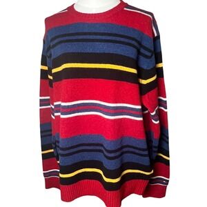 Tommy Hilfiger Striped Crewneck‎ Sweater 100% Lambswool Red Blue Black  Large